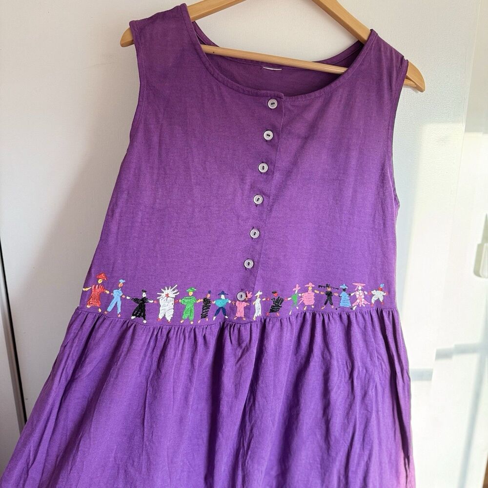 Vintage Purple Jumper Dress Maxi L Art To Wear Hand Painted People Of The World - Picture 6 of 16
